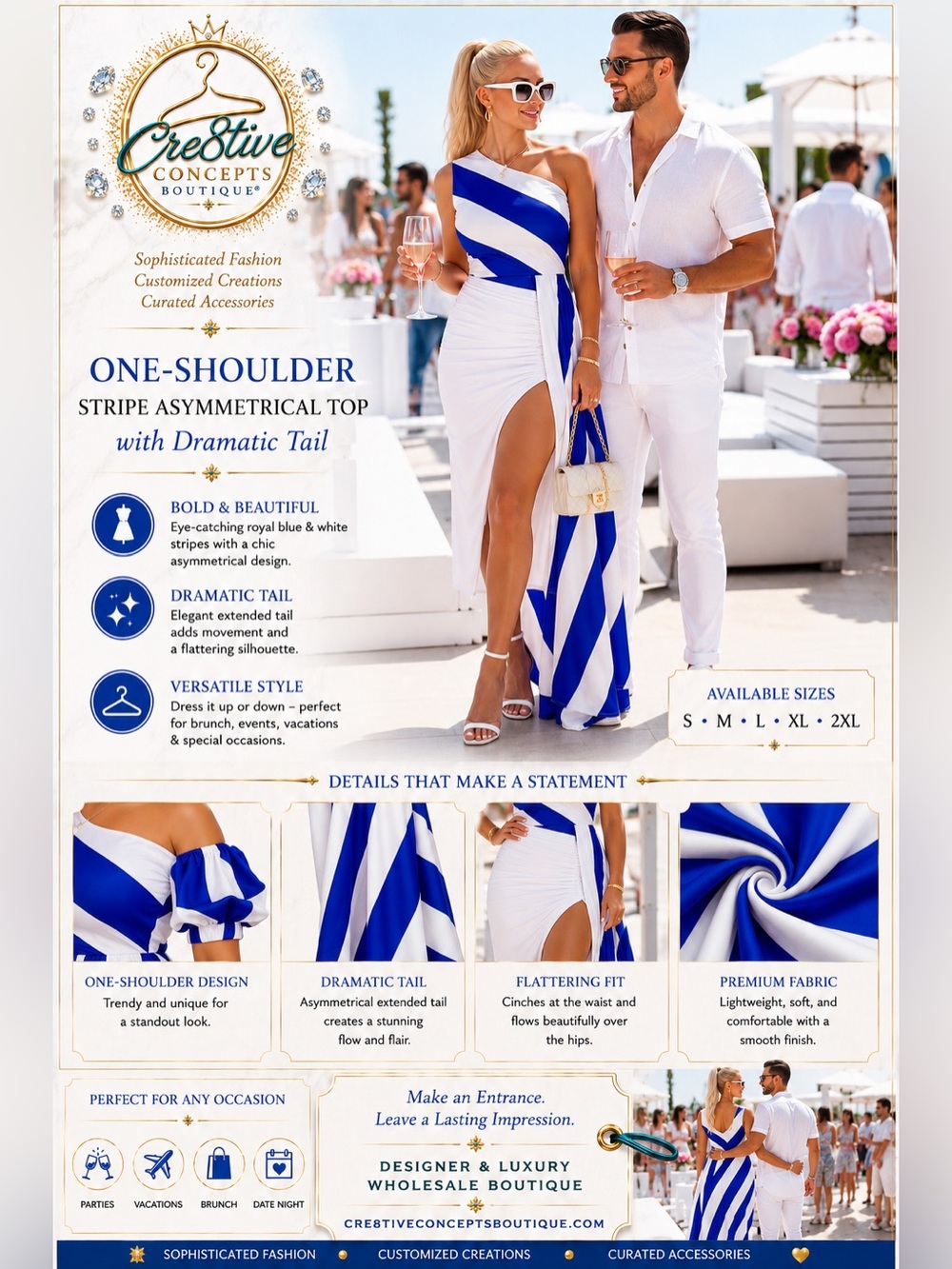 One-Shoulder Striped Printed Flare Top with Dramatic Tail-Blue/White